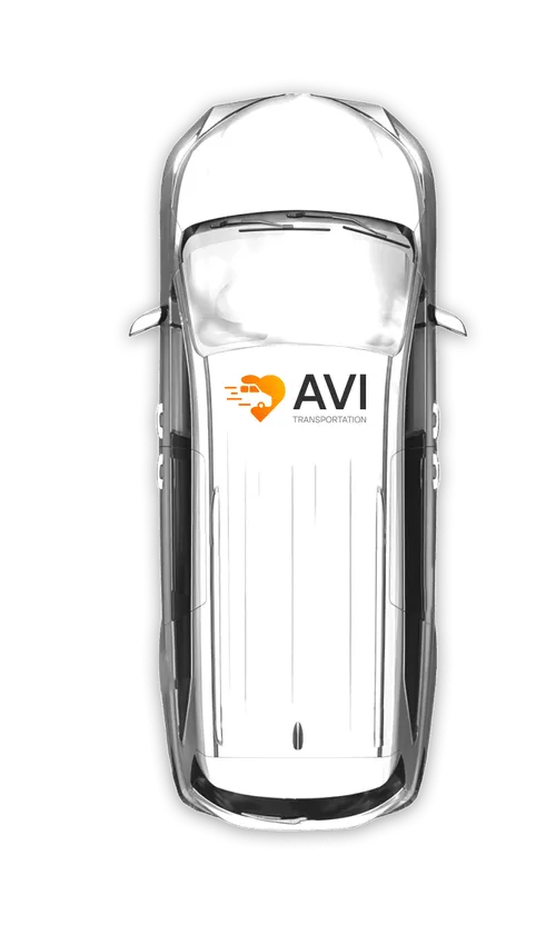 Top-down view of a white AVI Transportation van with the AVI logo on the roof