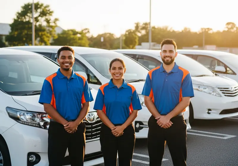 Three AVI drivers in blue and orange uniforms standing in front of white vans