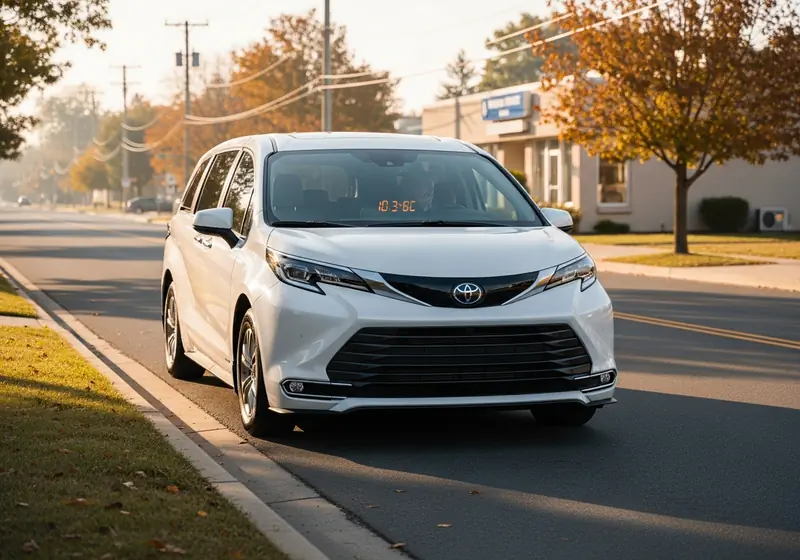 White passenger van arriving on a tree-lined street in soft morning light for an on-time pickup