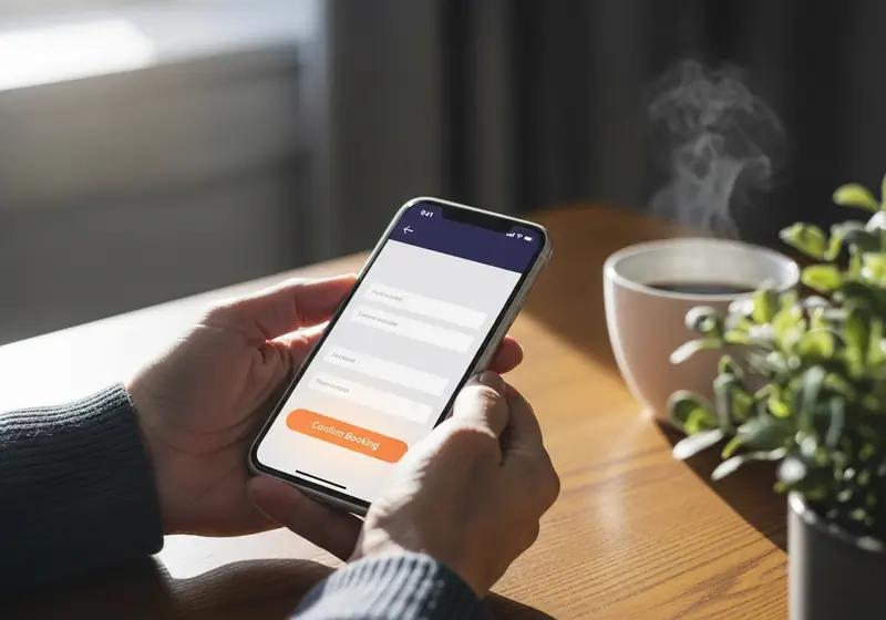 Hands holding a smartphone that shows an online ride booking form
