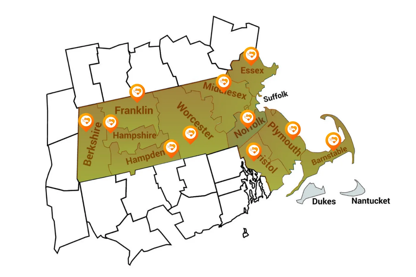 Map of Massachusetts counties with orange AVI Transportation location pins
