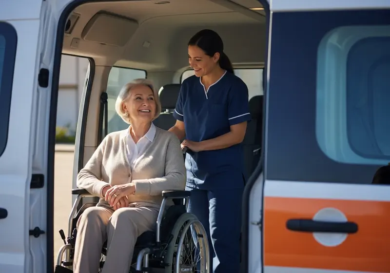 Smiling senior woman in a wheelchair with a driver at the open door of a medical van