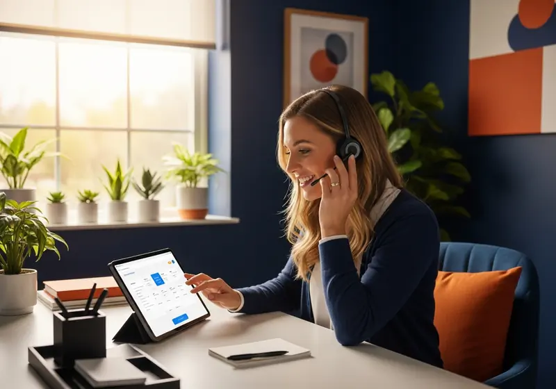 Dispatcher wearing a headset booking a ride on a tablet at her desk